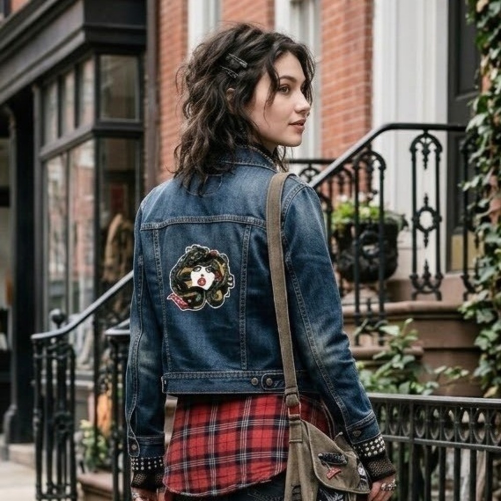 Express Denim Jacket Dark Wash Medusa Rock Patch Trucker Size M